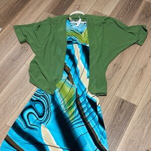 NY COLLECTION L NWOT green blue Patterned maxi Dress AND kimono bundle